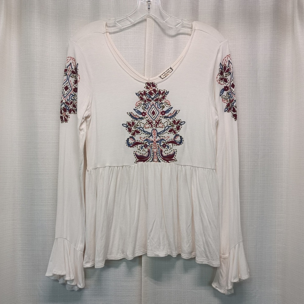Eyeshadow Womens S Embroidered Babydoll Top Cream Bell Sleeve V-Neck Blouse Boho